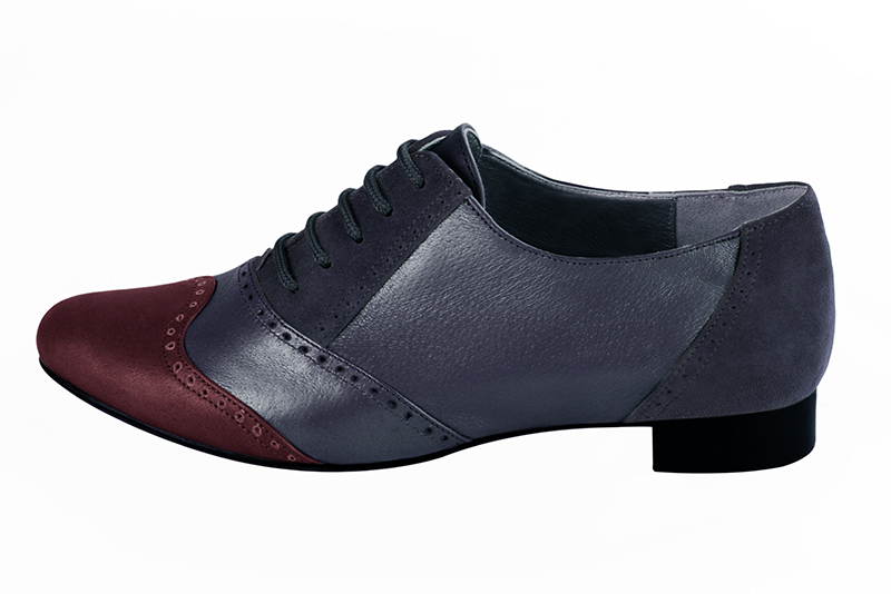 Burgundy red and denim blue women's fashion lace-up shoes. Round toe. Flat leather soles. Profile view - Florence KOOIJMAN